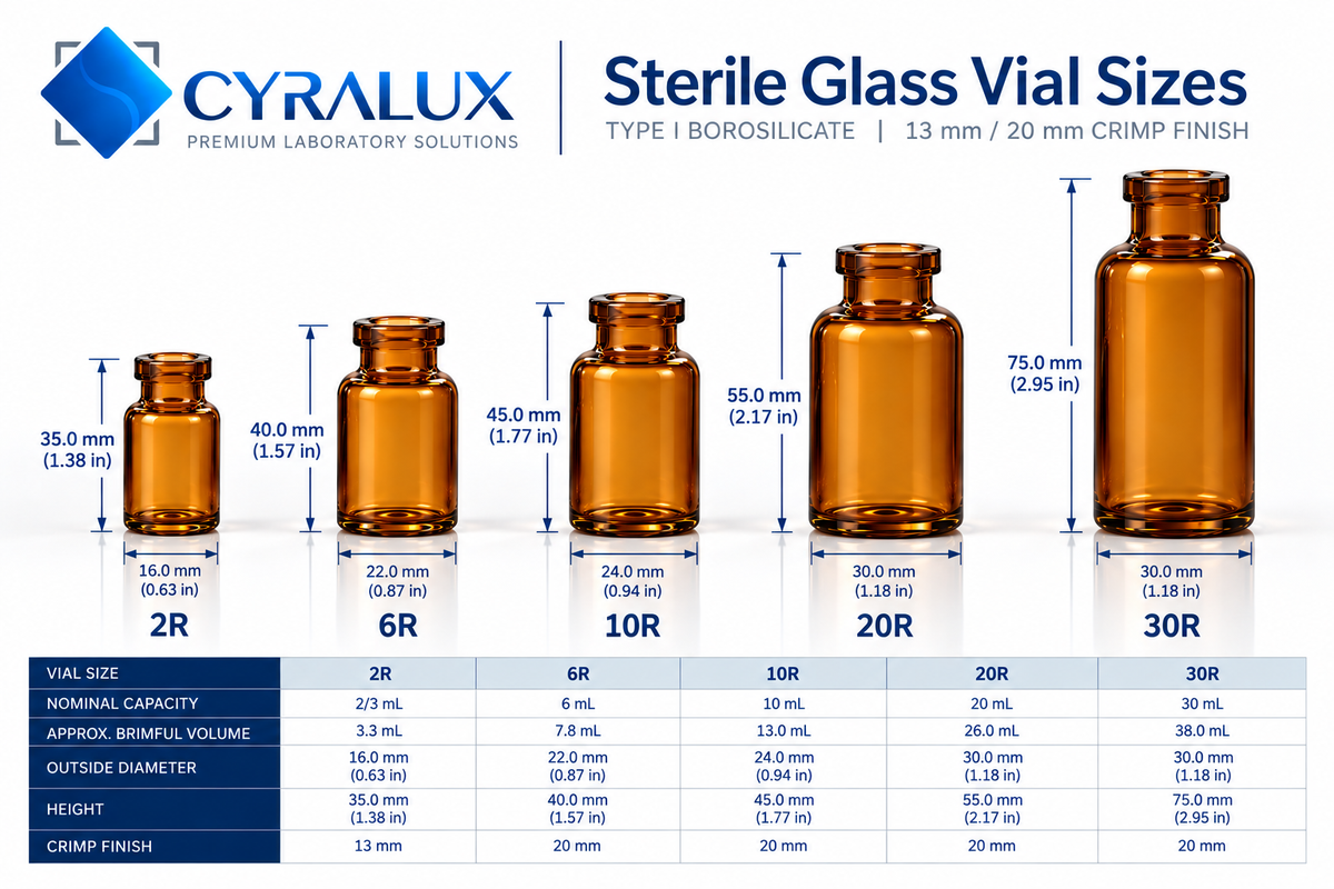 CyraLux Sterile Ready-to-Fill Glass Vials - Nest Tub Packaging: : 2R, 6R, & 10R