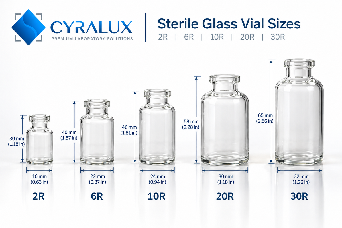 Clear Sterile Vial Sizes and Dimensions: 2r, 6r, 10r, 20r, and 30r.