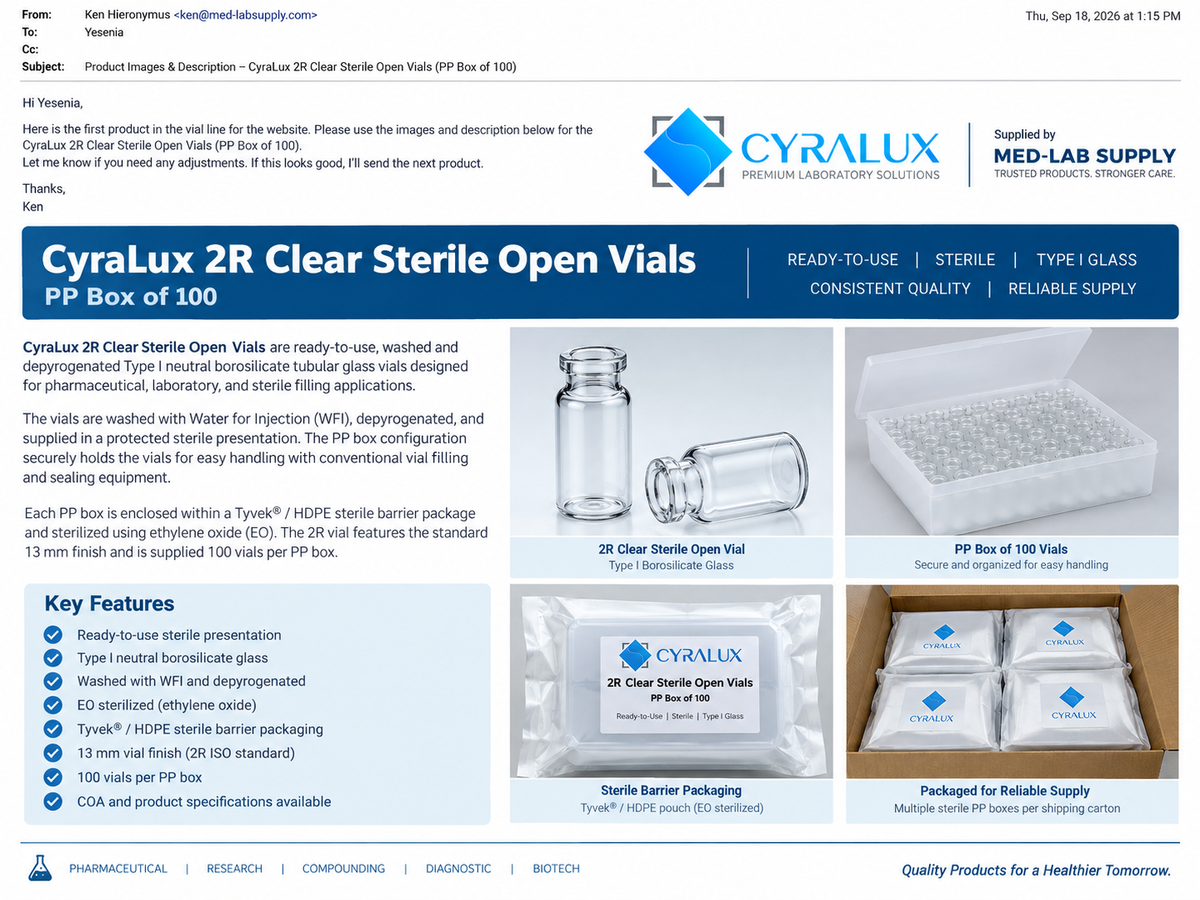 CyraLux Open Sterile Glass Vials — Product Catalog
