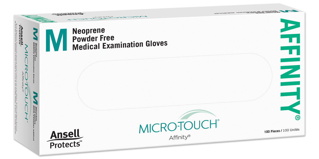 Micro-Touch Affinity by Ansell 100% High Performance Neoprene Exam Grade Gloves, 6.3 mils, Green, Medium, Box of 100