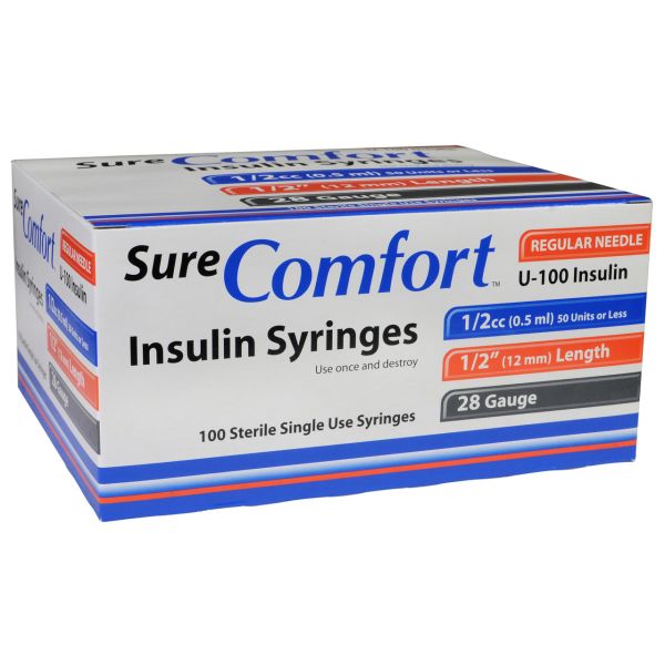 SureComfort Insulin Syringe, 1cc x 28g x 1/2, Box of 100