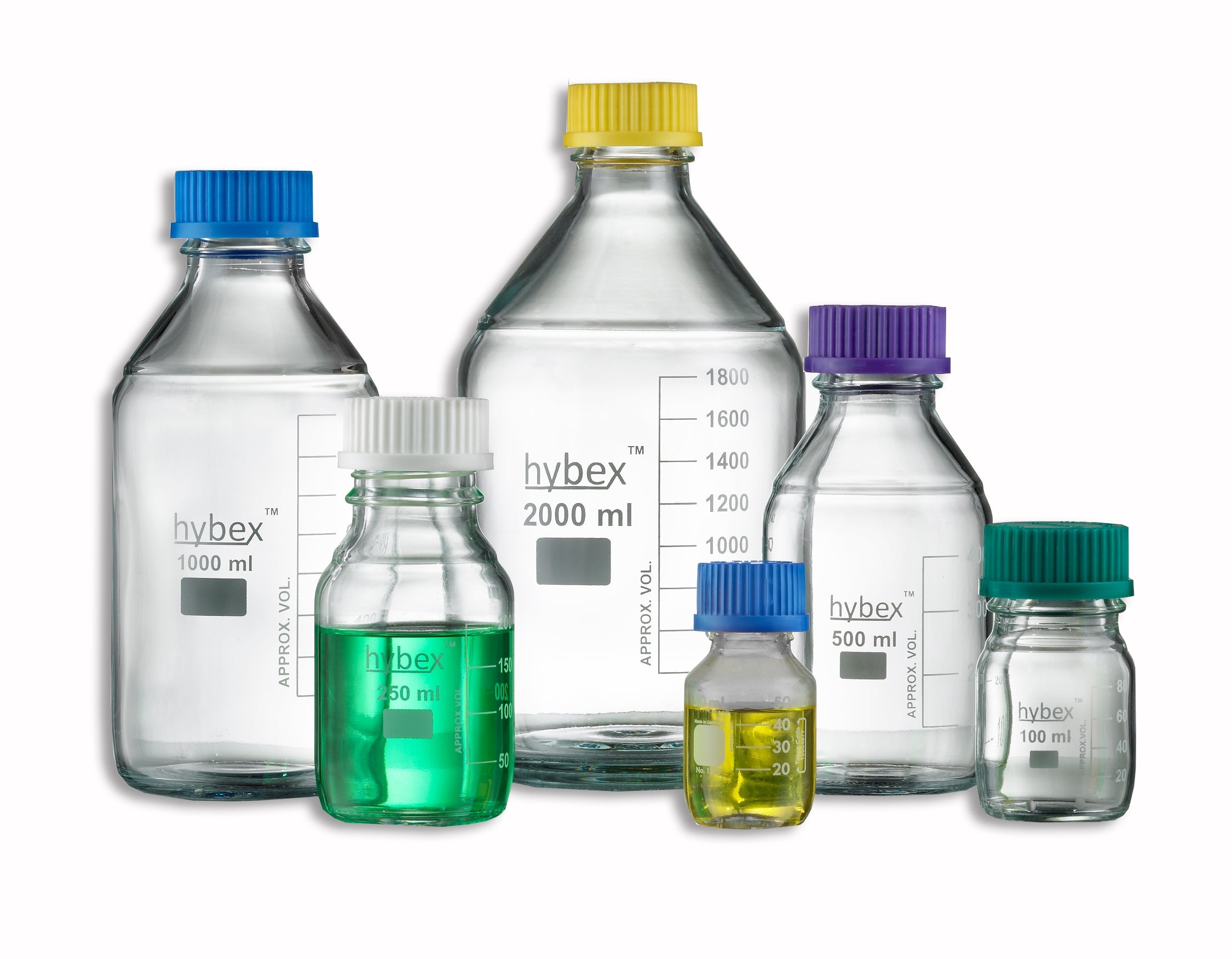 Hybex Glass Media Storage Bottle, Starter Pack, Blue Caps