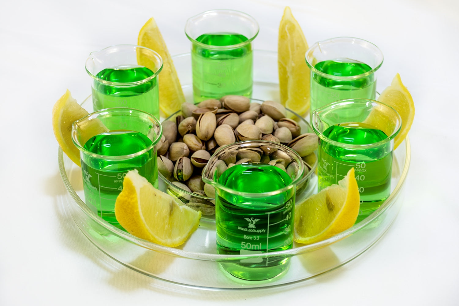 8-piece Chemistry Bar: Serving Tray with Shot Glasses & Snack Dish by Med Lab Supply