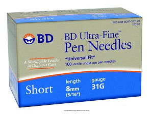 BD Diabetic Pen Needle, 31G x 5/16, Box of 100, 320109