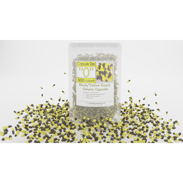 Black/Yellow Empty Gelatin Capsules, Size 0, Qty. 5000 in gripper jar