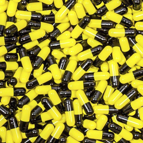 Black/Yellow Empty Gelatin Capsules, Size 0, Qty. 5000 in gripper jar