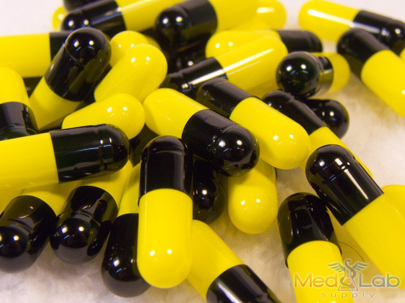 Black/Yellow Capsules Size 0, (Qty. 2500) in Resealable Pouch