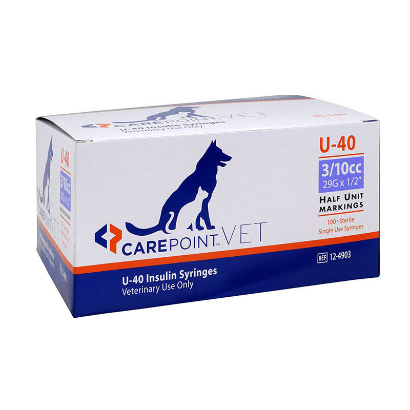 CarePoint Vet U-40 Pet Syringe 3/10cc x 29G x 1/2" w/Half Unit Marks, Box of 100ct