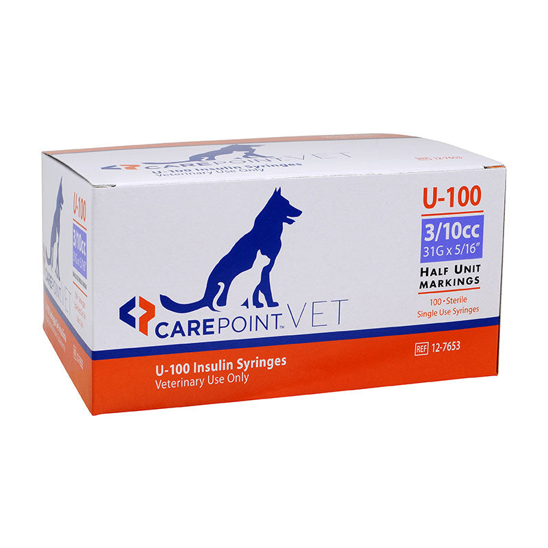 CarePoint Vet U-100 Pet Syringe 3/10cc x 31G x 5/16" w/Half Unit Marks, Box of 100ct