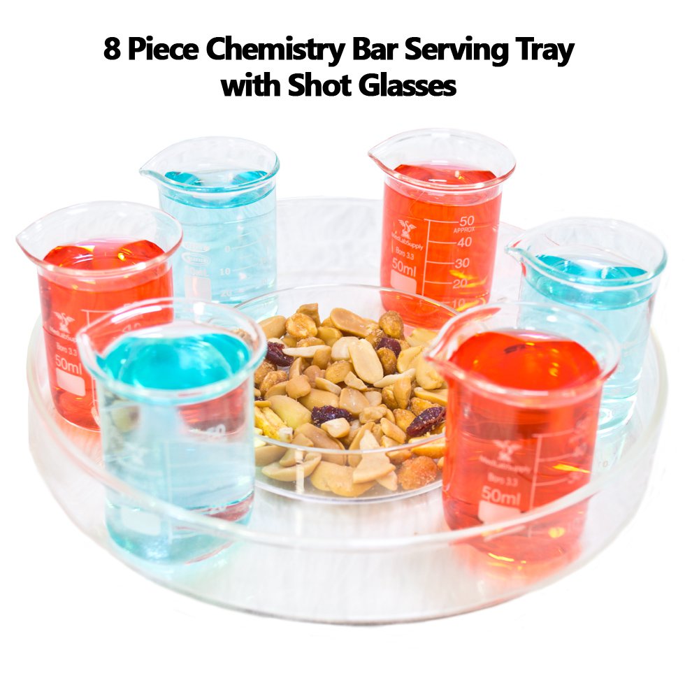 8-piece Chemistry Bar: Serving Tray with Shot Glasses & Snack Dish by Med Lab Supply