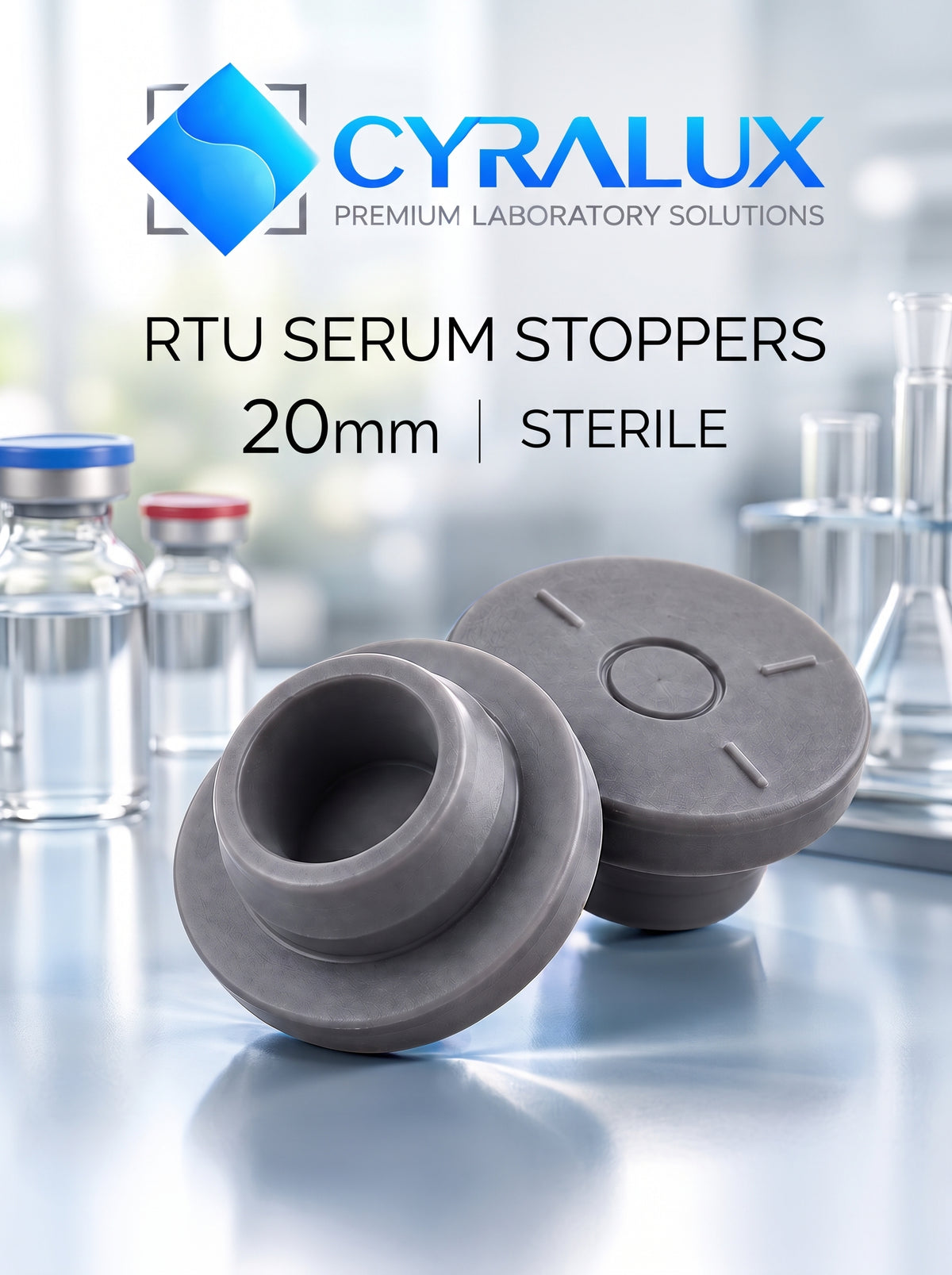 Cyralux 20 mm Sterile RTU Serum Stoppers, Bag 50