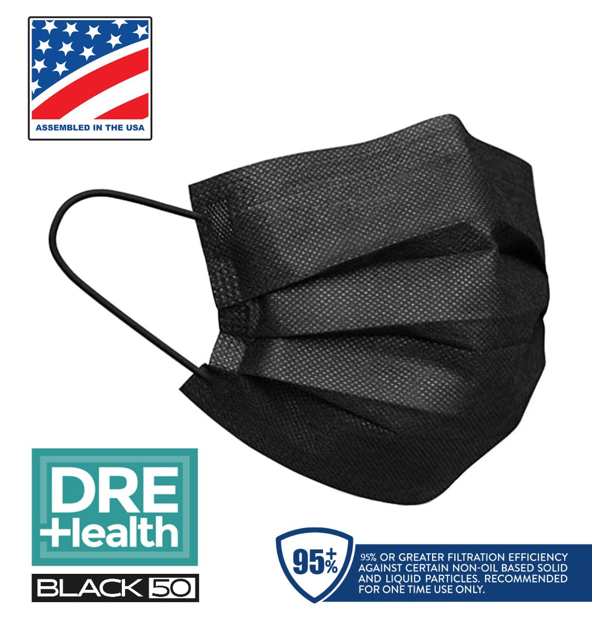 Assembled in the USA.  DRE Health black disposable 3-ply surgical masks (BFE 95+%), Box of 50.