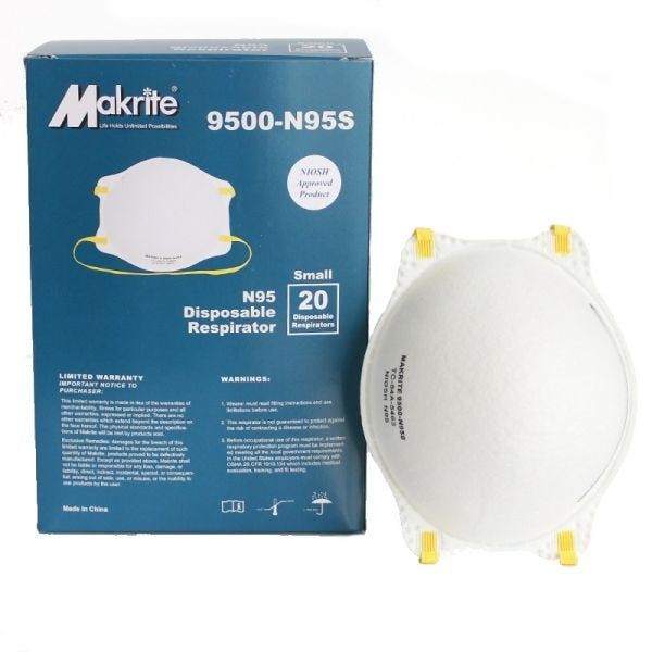 NIOSH Certified Makrite 9500-N95 Pre-Formed Cone Particulate Respirator Mask, Small or Regular, Box of 20