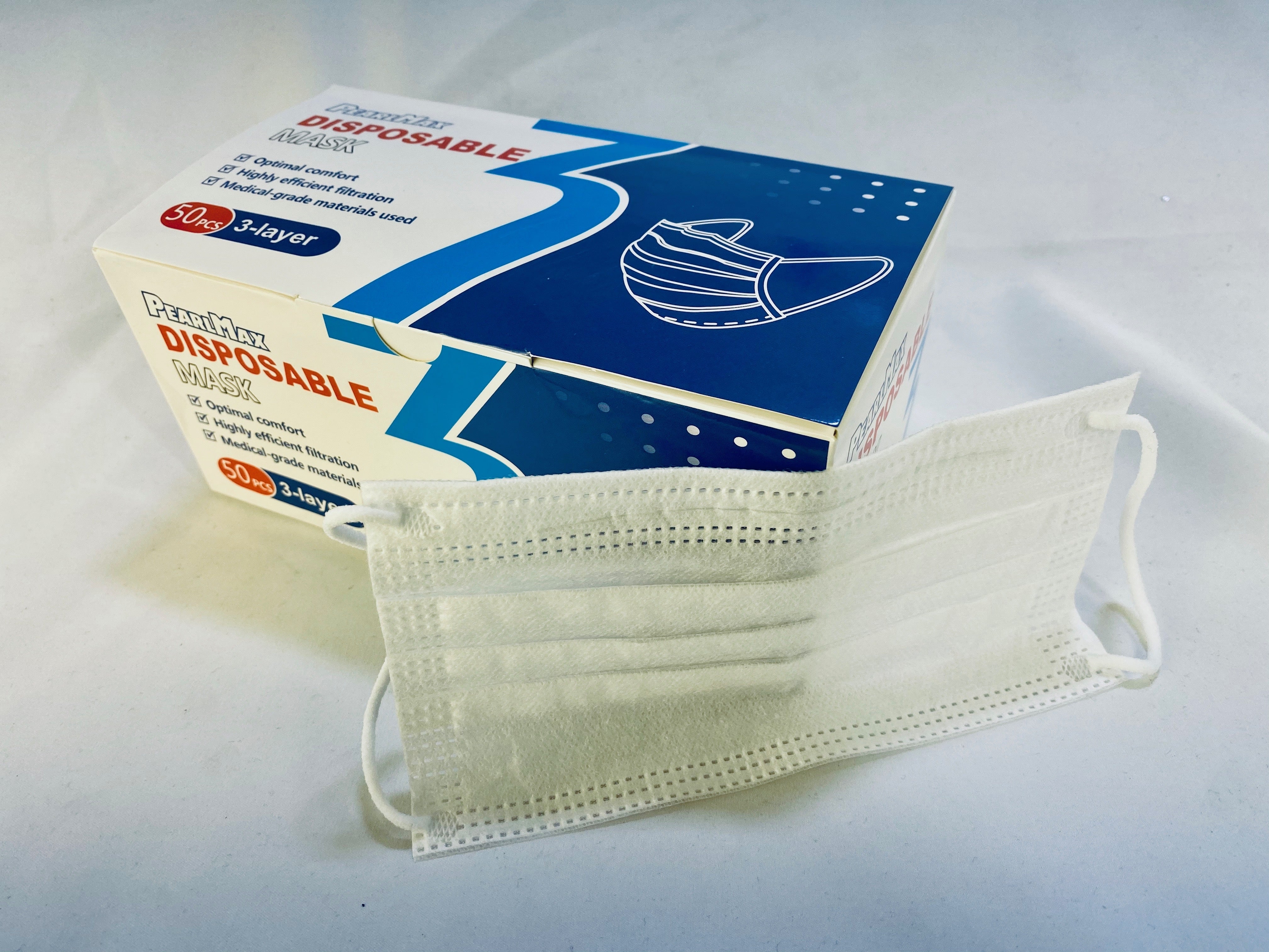 PearlMax 3 Ply Earloop Disposable Masks (BFE 95%)  Box of 50.