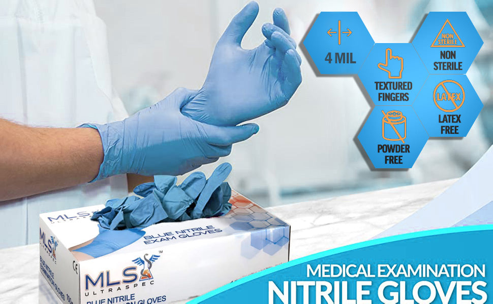 Ultra Spec Nitrile Gloves, Medical Exam Grade, Powder-free Blue, Sizes: Small to X-Large.