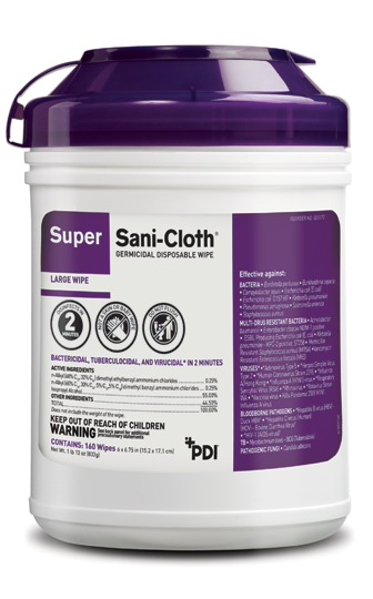 PDI Super Sani-Cloth Germicidal Disposable Wipes, 1 canister of 160 wipes