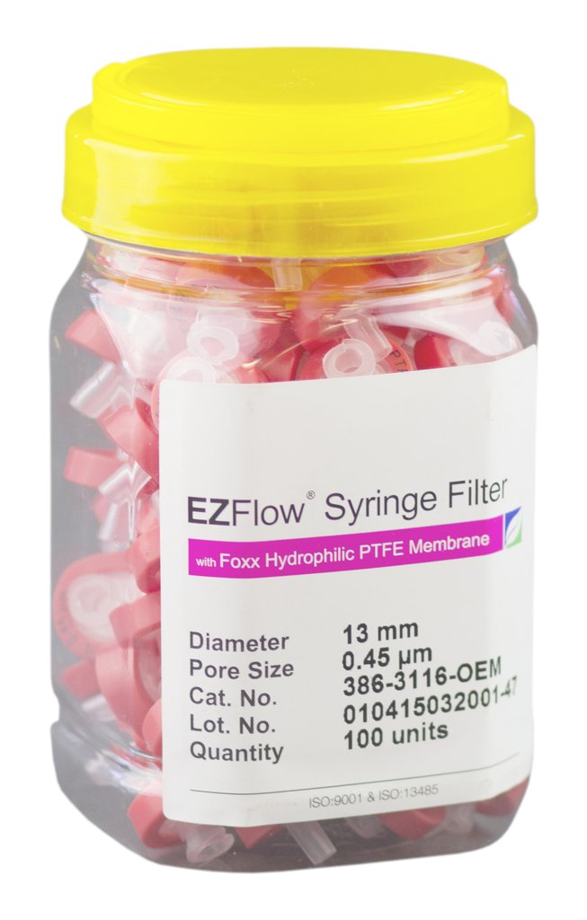 EZFlow Syringe Filter, Sample-Prep, Hydrophilic PTFE 0.45um, 13mm (Qty. 1)