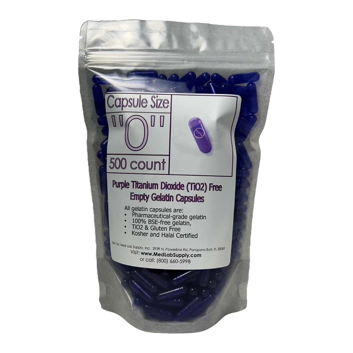 Titanium Dioxide (TiO2) Free Colored Empty Gelatin Capsules Size 0, Purple, Qty 500