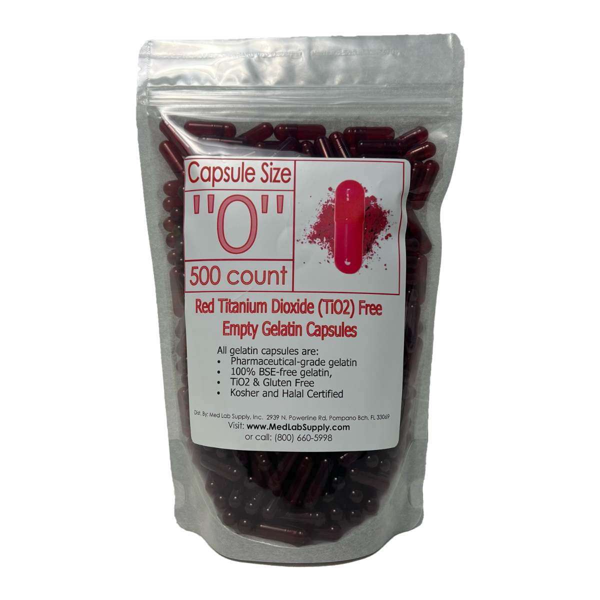Titanium Dioxide (TiO2) Free Colored Empty Gelatin Capsules Size 0, Red, Qty 500