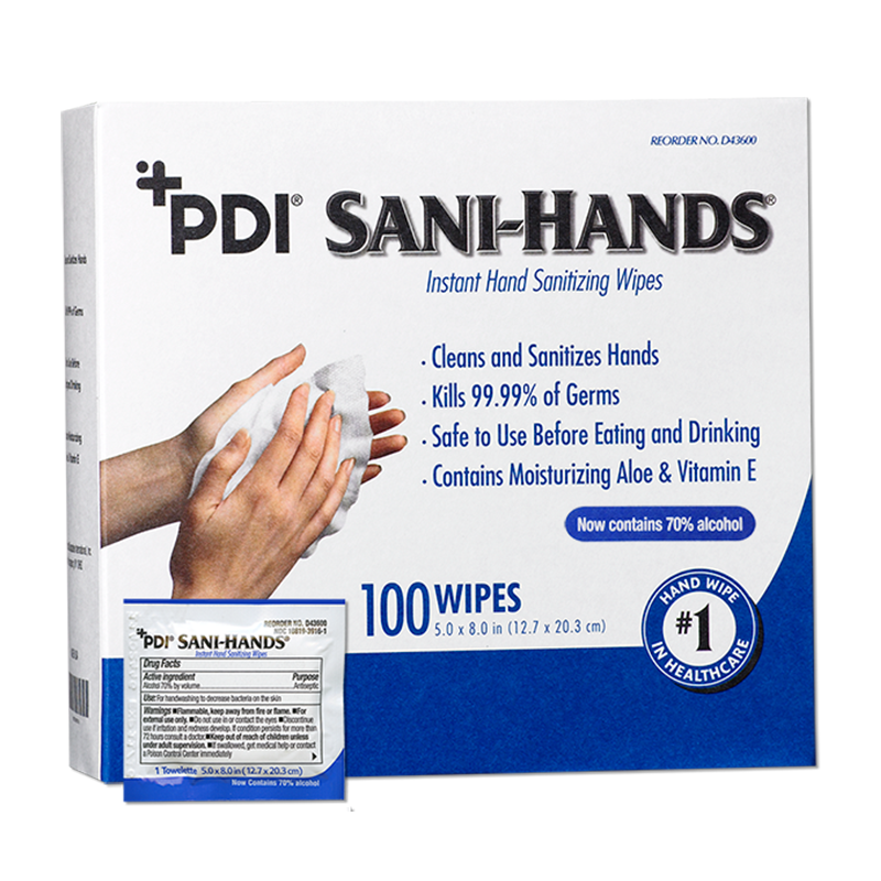 PDI Sani-Hands Instant Hand Sanitizing Wipes, 5" x 8", 100 Individually Wrapped Wipes per Box