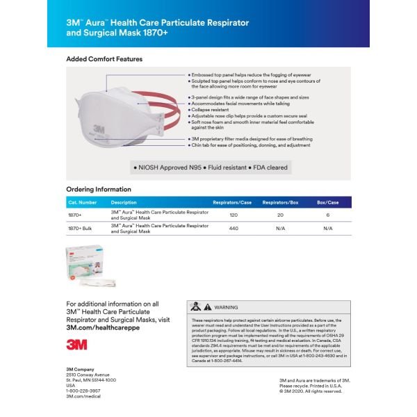 3M 1870+ Aura Niosh N95 Health Care Particulate Respirator and Surgical Mask.  99+% Filtration Efficiency.  Medically Rated. Individually Sealed.