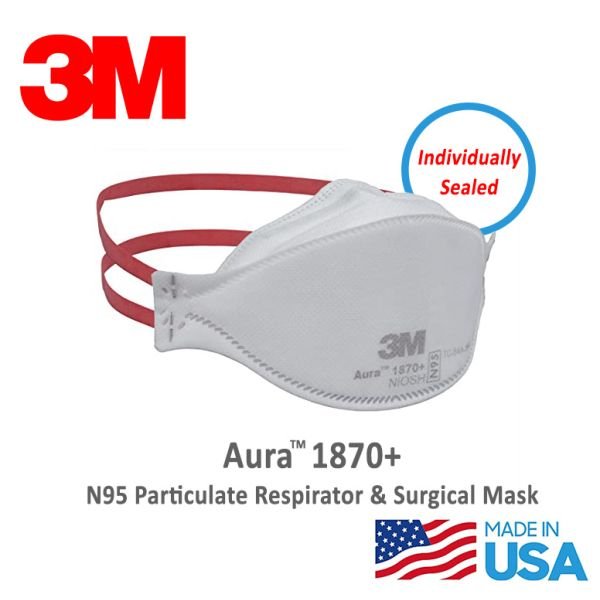 3M 1870+ Aura Niosh N95 Health Care Particulate Respirator and Surgical Mask.  99+% Filtration Efficiency.  Medically Rated. Individually Sealed.