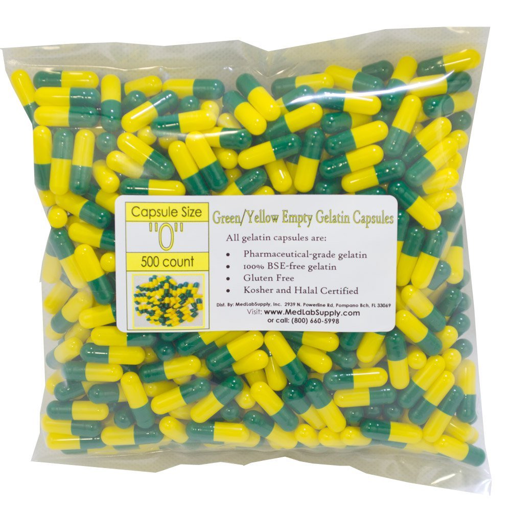 Green/Yellow Empty Gelatin Capsules, Size 0