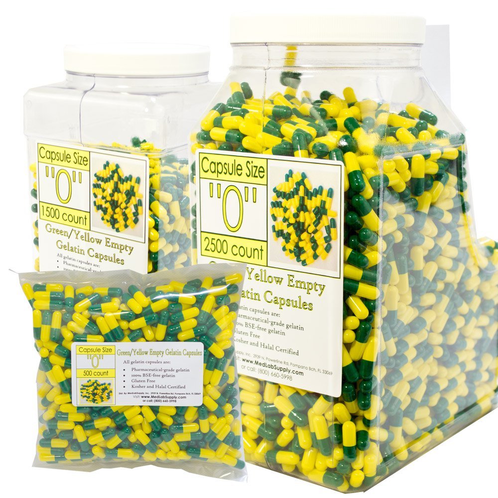 Green/Yellow Empty Gelatin Capsules, Size 0