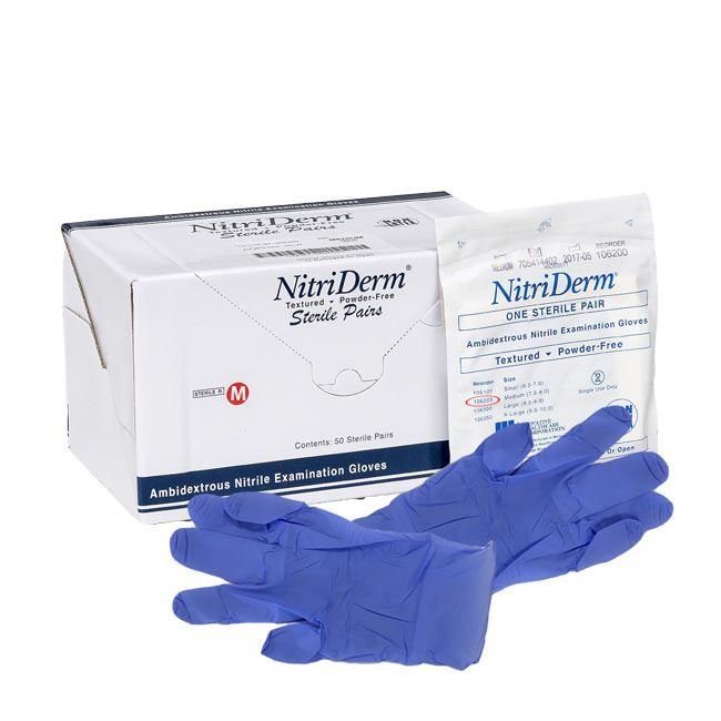 NitriDerm Sterile Nitrile Medical Exam Gloves, Powder-free, each pair individually sealed. Sizes: S, M, L, & XL