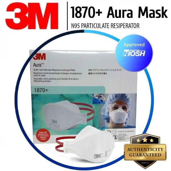 3M 1870+ Aura Niosh N95 Health Care Particulate Respirator and Surgical Mask.  99+% Filtration Efficiency.  Medically Rated. Individually Sealed.
