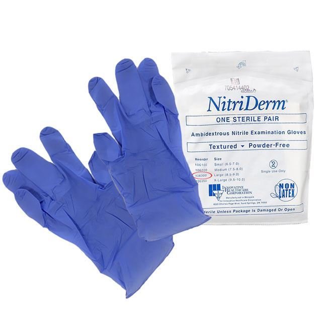 NitriDerm Sterile Nitrile Medical Exam Gloves, Powder-free, each pair individually sealed. Sizes: S, M, L, & XL