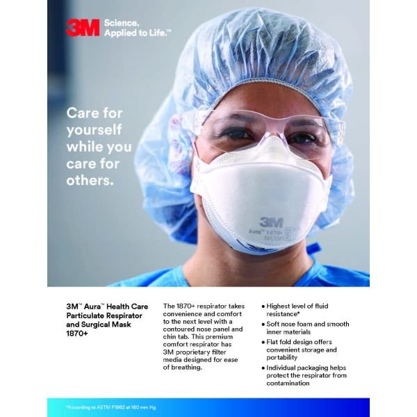 3M 1870+ Aura Niosh N95 Health Care Particulate Respirator and Surgical Mask.  99+% Filtration Efficiency.  Medically Rated. Individually Sealed.