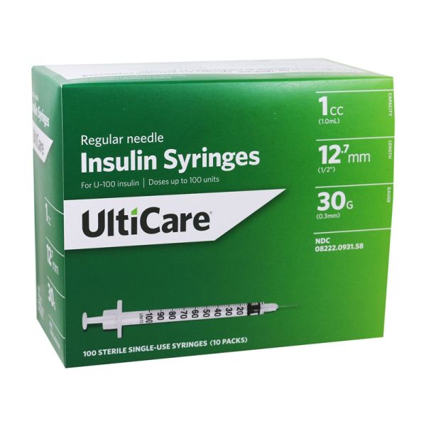 UltiCare Diabetic Syringes 1cc x 30g x1/2", Box of 100