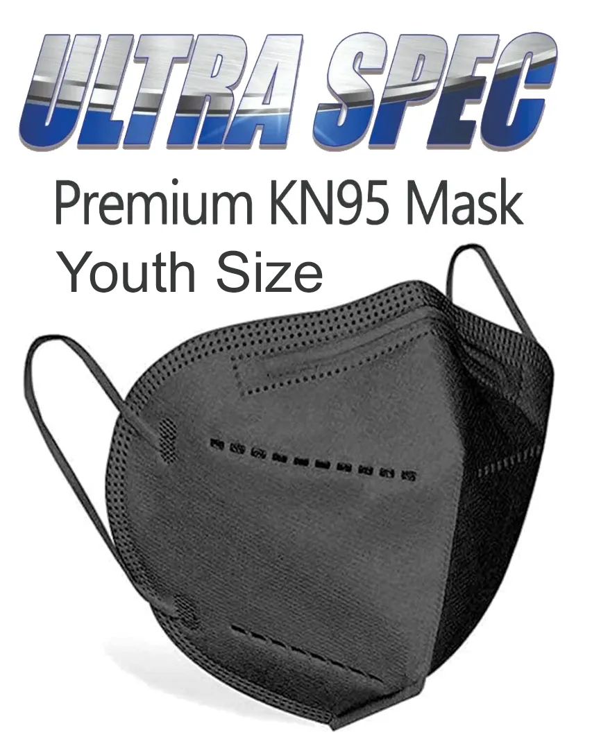 UltraSpec Premium KN95 Masks-Youth Size.  Stealth Black (white interior).  Individually sealed.  Box of 20.  USA Nelson Lab tested @ 99+% filtration efficiency.