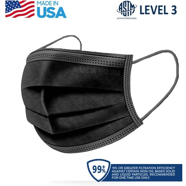 Made in USA, 3-PLY Disposable Face Mask by United Sewing, ASTM Level 3 Performance Proven in Nelson Labs Studies, box of 50, Charcoal Black.