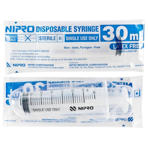 Nipro 30cc Syringe Only, Luer Lock, Box of 50
