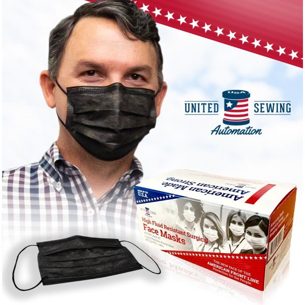 Made in USA, 3-PLY Disposable Face Mask by United Sewing, ASTM Level 3 Performance Proven in Nelson Labs Studies, box of 50, Charcoal Black.