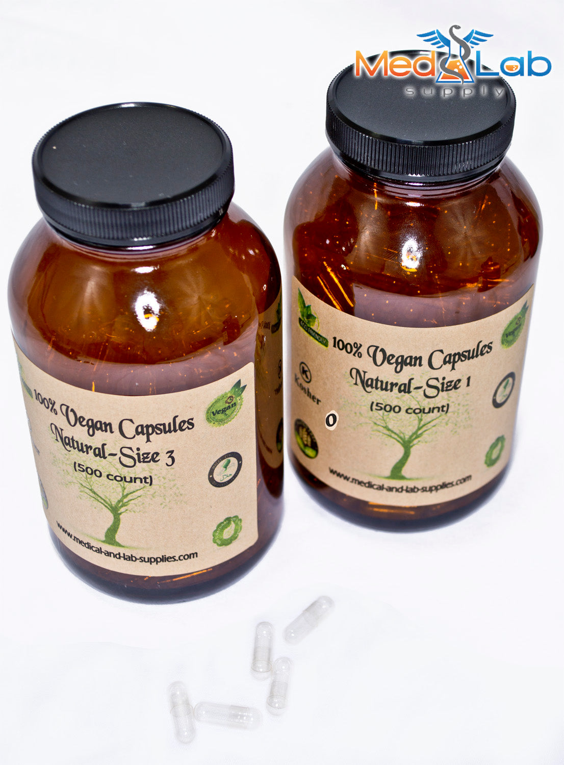 Empty Vegan Capsules Size 3 - Clear (500 Qty) in amber glass bottle