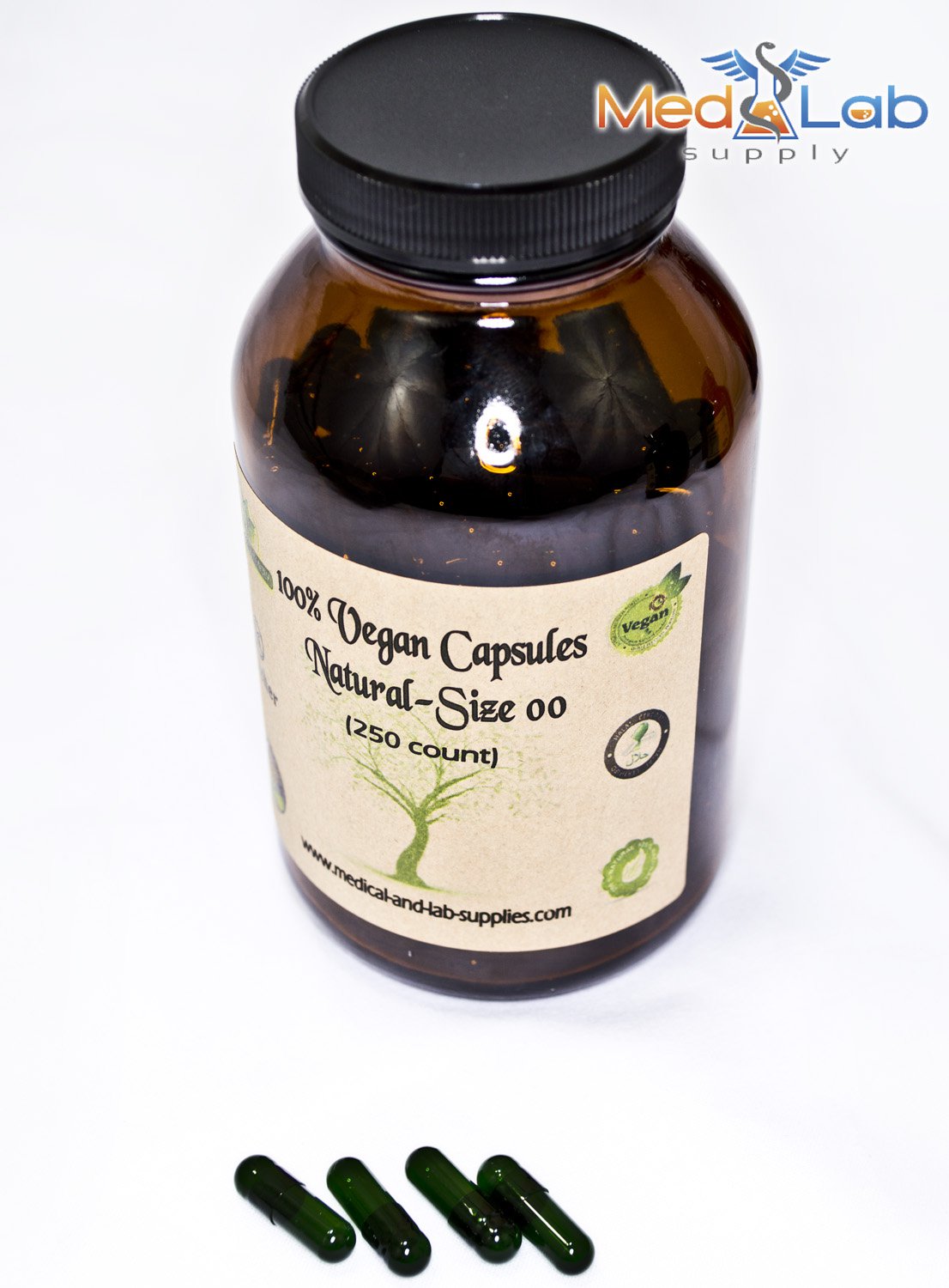 Empty Vegan Capsules Size 00, Green, Qty. 500 in amber glass bottle