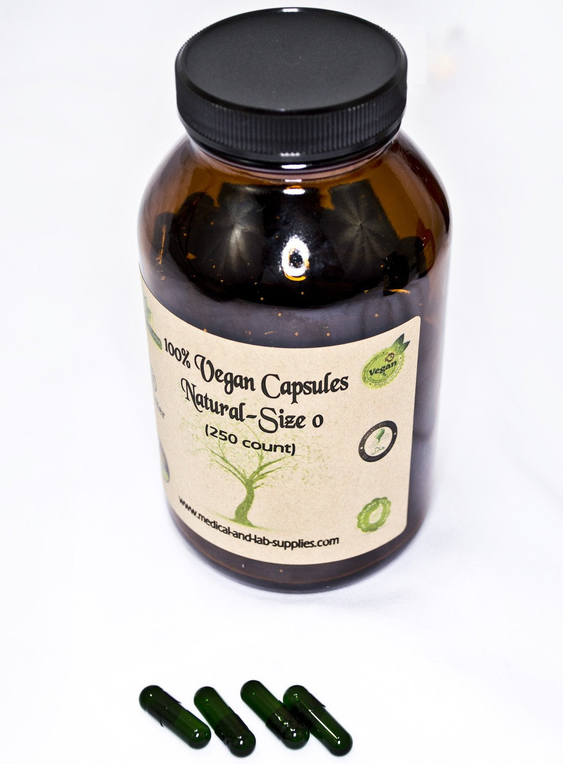 Empty Vegan Capsules Size 0-Green (500 Qty) in amber glass bottle
