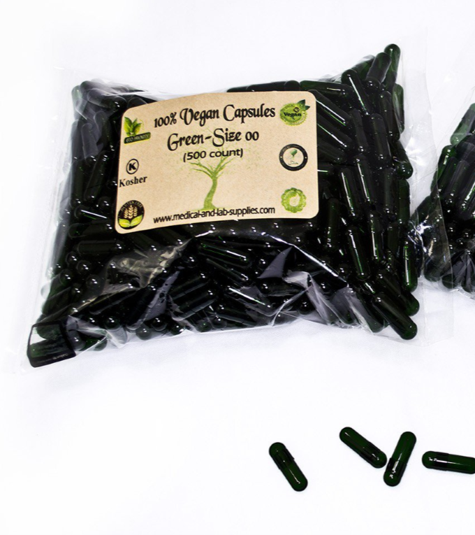 Empty Vegan Capsules Size 00, Green, Qty. 500, in Eco-friendly kit