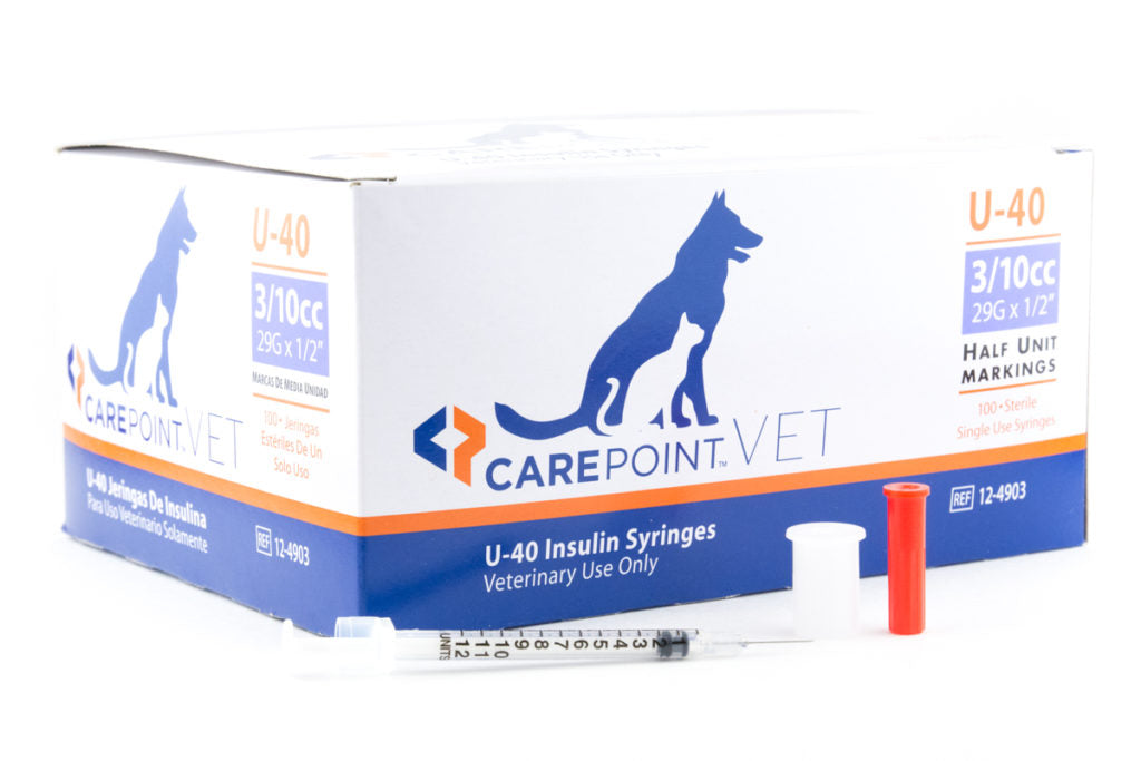CarePoint Vet U-40 Pet Syringe 3/10cc x 29G x 1/2" w/Half Unit Marks, Box of 100ct