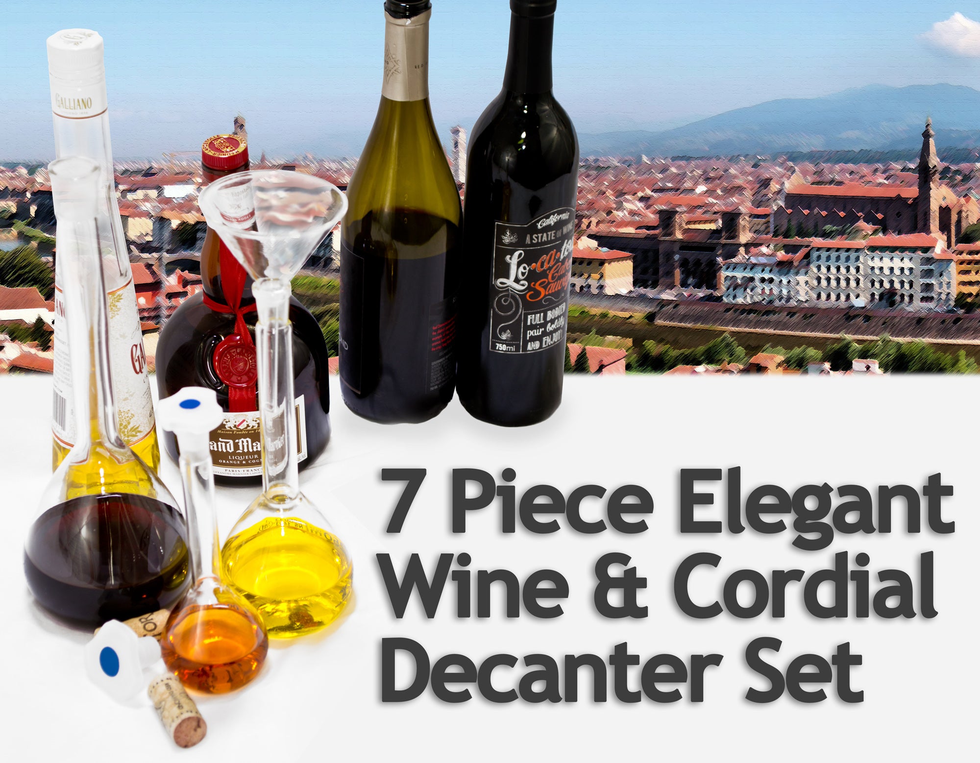 Med Lab Supply 7 piece Chemistry Bar Wine & Cordial Decanter Set