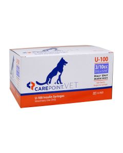 CarePoint Vet U-100 Pet Syringe 3/10cc x 31G x 5/16" w/Half Unit Marks, Box of 100ct